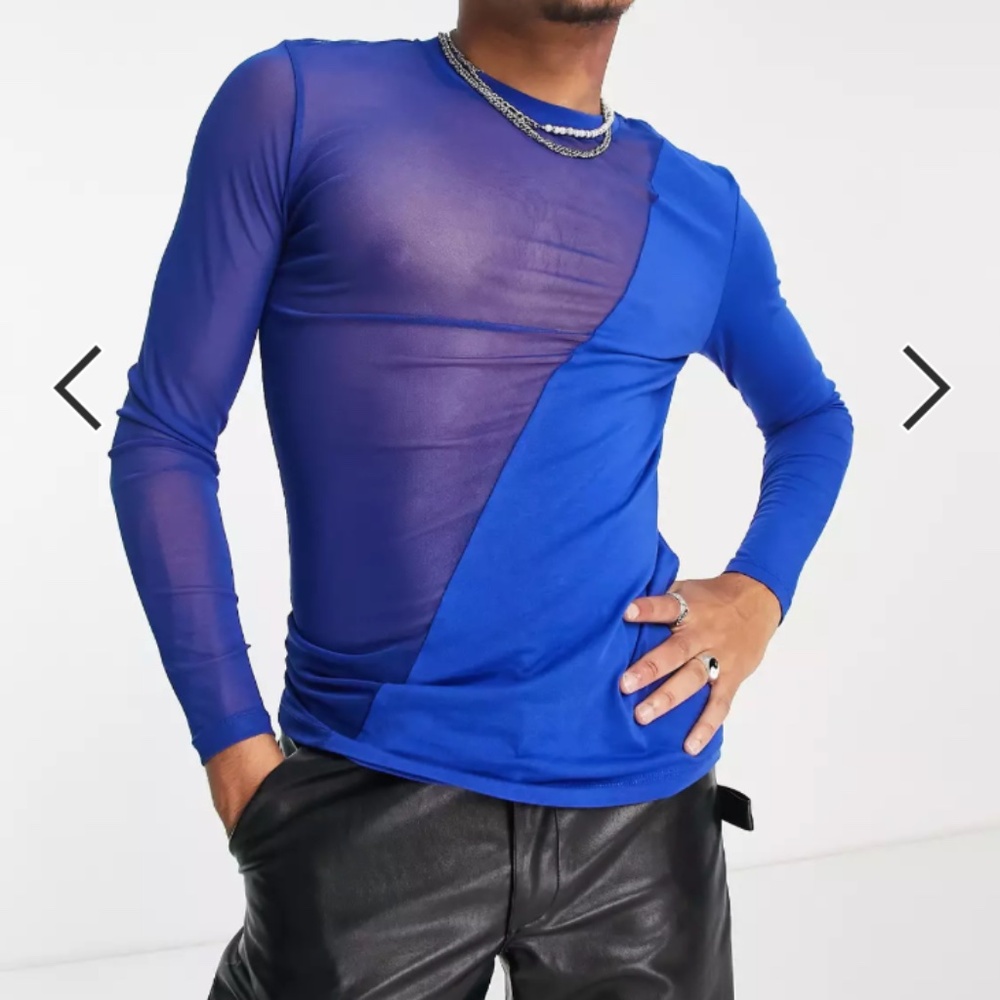 ASOS Blue Mesh & Jersey Color Block Long Sleeve T-Shirt